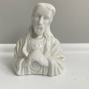 Vintage Ceramic Jesus Bust in White Glaze, Catholic Decor Jesus holding cross